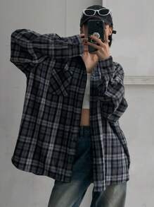 DAZY 女式宽松格子印花落肩长袖休闲衬衫，春秋装，返校服，法兰绒女装 - 藍色 - 查看 2