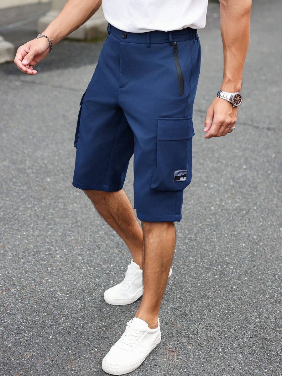 Manfinity Homme 男士纽扣腰带口袋休闲户外运动时尚短裤 - 藏蓝色 - 查看 1