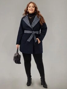 EMERY ROSE Cappotto invernale da donna taglie forti, elegante cappotto in lana con collo a bavero, maniche lunghe, cintura in vita, colore a contrasto - nero - Visualizzare 5