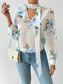 SHEIN Clasi Women's Elegant 3D Floral Decor Choker Collar Long Sleeve Blouse Fall Cloth For Women - White - View 3