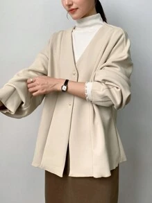 FRIFUL 女士长袖单排扣长款宽松优雅纯色常规外套，秋冬女士夹克 - 杏色 - 查看 1