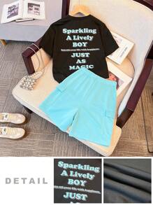 SHEIN Tween 女童休闲假日韩版字母印花圆领宽松短袖 T 恤带口袋和针织短裤两件套 - 黑色 - 查看 6