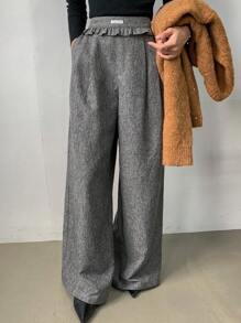 FRIFUL 女式宽松字母图案拼布荷叶边下摆口袋阔腿裤 - 灰色 - 查看 3