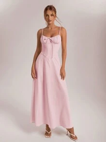 Aloruh Women's Summer Vacation Dress With Fishbone Design & Ruffled Hem,Pastel Dresses For Women - Pink - View 6