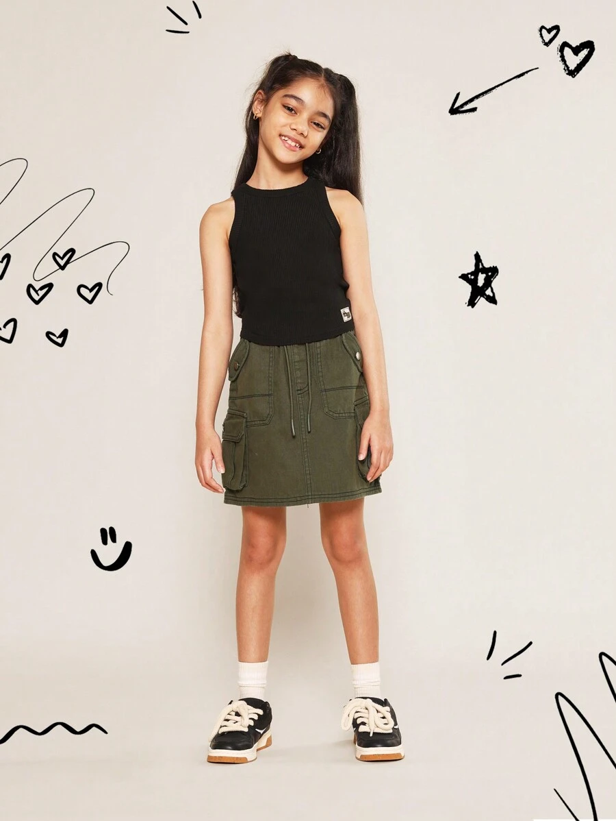 SUMWON Tween Girls Denim Rib Tank Top And Cargo Skirt 2 Piece Set - Army Green - View 1