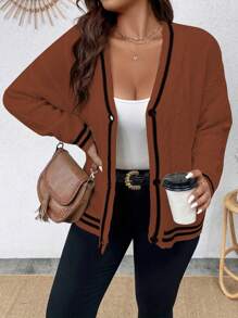 Calvaya Plus Size Casual Colorblock Striped Cardigan, Spring/Fall - Brown - View 4