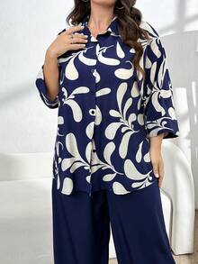 Mulvari Plus Size Women Plant Print Batwing Sleeve Shirt And Loose Casual Pants 2 Piece Set, Summer - Navy Blue - View 4