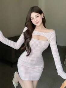 DAZY 粉色格子露肩镂空长袖连衣裙，适合派对、情人节、秋季女装