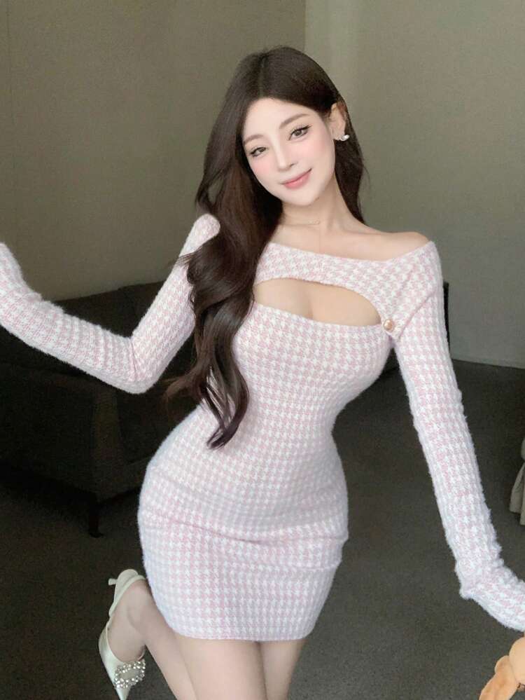 Pink Plaid Off-Shoulder Hollow-Out Long Sleeve Dress, Suitable For Party, Valentine's Day,Fall Women Clothes