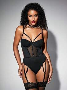 SHEIN Floral Lace Mesh Insert Garter Underwire Teddy Bodysuit & Stockings, Lingerie - Black - View 6