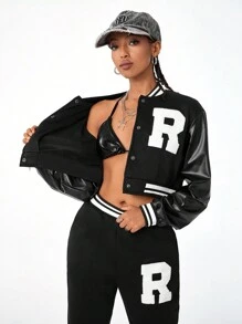 SHEIN EZwear Women's Fall Letter Graphic Striped Trim Crop Varsity Pu Contrast Jacket & Sweatpants Two Pieces Outfits - Black - View 3