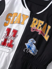 SHEIN Tween Girls Letter Print Dropped Shoulder Zip-Up Hoodie - Multicolor - View 4