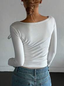 DAZY 女式蝴蝶结前长袖修身休闲 T 恤，简约 T 恤，秋季服装 - 白色 - 查看 5