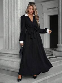 SHEIN Privé Minimalist Stylish High-End Commute Sensor Textured Fabric Color Block Waist Flattering Long Sleeve Dress For Women Fall Cloth For Women - Black and White - View 6