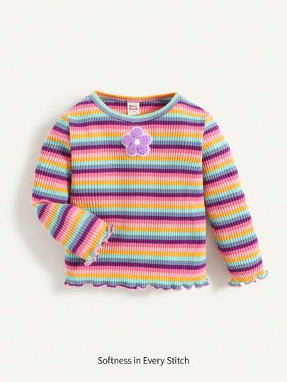 Cozy Pixies 女婴彩色条纹圆领长袖花卉毛衣