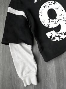 Manfinity Dauomo Camiseta casual de manga larga con cuello redondo y estampado de letras para hombres, con diseño 2 en 1 para primavera y verano, camiseta gráfica