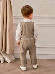 SHEIN 2 件男婴秋冬装：可爱领结、纹理针织运动衫和裤子套装、针织背心。适合派对、休闲、户外。高品质选择 - 棕色 - 查看 2