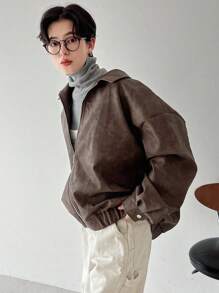 FRIFUL Women's Loose Dropped Shoulder Zip Up Casual Jacket For Spring/Autumn Women Coats - Brown - View 13