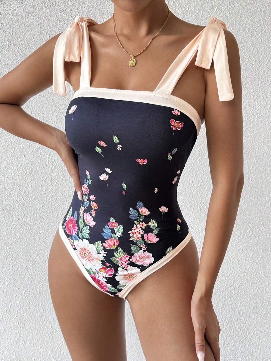 Zolique Women's Suspender Bow Tie Tube Top Lace-Up Positioning Flower Bodysuit - Black - View 1