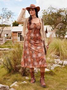 SHEIN MOD Vestido de talla grande con estampado vintage nómada del sol, contraste de cinta y lazo en los tirantes