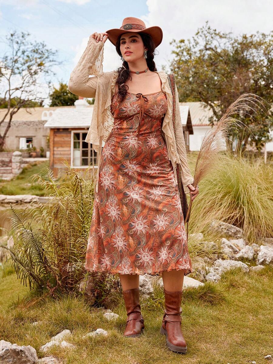 SHEIN MOD 大码复古游牧太阳印花对比织带蝴蝶结吊带连衣裙 - 棕色 - 查看 1