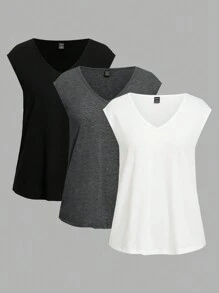 SHEIN LUNE 3pcs Set Solid V-Neck Casual Camisole Tops For Women, Summer - Multicolor - View 2