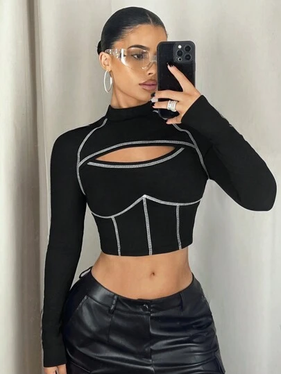 SHEIN ICON Camiseta casual deportiva de manga larga de cuello abierto con acentos acolchados de ajuste delgado para mujer