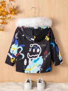 SHEIN Áo khoác trùm đầu rộng rãi cho bé trai có in họa tiết kỹ thuật số Graffiti, phong cách đường phố cho du lịch và mặc hàng ngày, mùa đông - màu đen - Xem 2