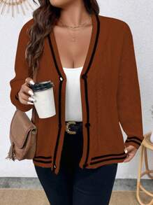 Calvaya Plus Size Casual Colorblock Striped Cardigan, Spring/Fall - Brown - View 3