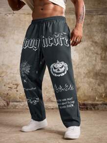 Manfinity LEGND Plus Size Men's Drawstring Letter & Halloween Element Casual Pants