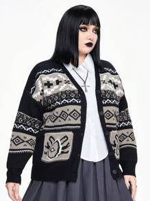 ROMWE Academia Plus Size Retro Black & Gray Jacquard Patterned Cardigan - Black - View 5