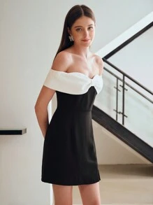 MOTF STUDIO 双色蝴蝶结翻领露肩短裙，新年装扮 - 黑與白 - 查看 7