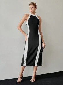 MOTF PREMIUM VÁY MIDI CỔ HAI TONE KHÔNG CÓ THẮT BUỘC - Đen và trắng - Xem 7