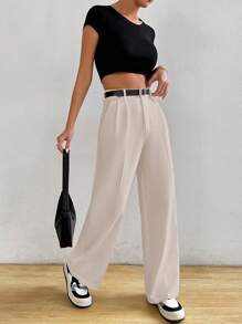 SHEIN EZwear Women Solid Color Toothpick Straight Loose Casual Trousers - Apricot - View 4