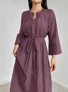 Mulvari Đầm thường ngày tay cánh dơi cài nút màu trơn mùa xuân hè cho nữ - Bụi tím - Xem 3