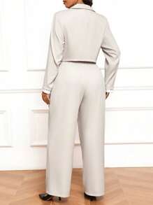 Calvaya Plus Size Women's Solid Color Simple Daily Wear Long Sleeve Blazer And Long Pants Suit