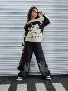Girls Anime Style Crew Neck Loose Fit Knit Sweater, Autumn