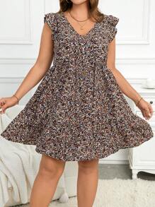 SHEIN LUNE Plus Size V-Neck Ditsy Floral Casual Dress With Ruffle Sleeves, Resort Wear