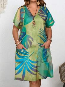 EMERY ROSE 大码女式双口袋时尚 V 领宽松夏季印花乡村连衣裙 - 橄欖綠 - 查看 5