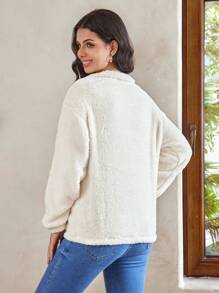 SHEIN Maternity Embroidered Zipper Up Loose Long Fuzzy Sweatshirt, For Winter - Apricot - View 2