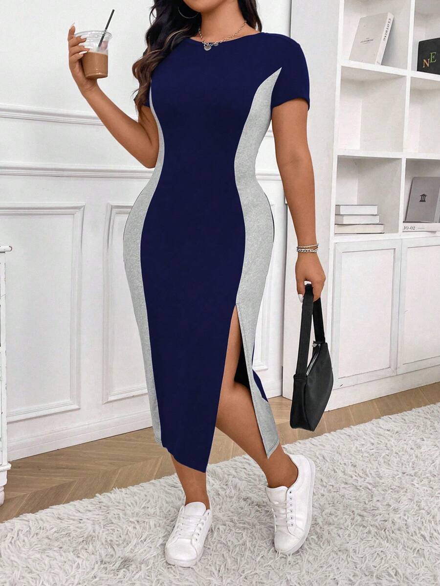 Calvaya Đầm ôm sát tay ngắn cổ tròn Colorblock cỡ lớn cho nữ Trang phục đầm dài bó sát Đầm dài bó sát Đầm xẻ tà xẻ tà Đầm nữ màu xanh cho mùa hè - Màu xanh hải quân - Xem 1