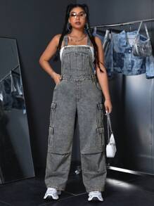 SHEIN ICON Spodnie ogrodniczki jeansowe z luźnym krojem i wieloma kieszeniami, codzienne, na lato