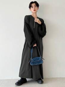 FRIFUL Women's Zipper Half Placket Drop Shoulder Lantern Sleeve Dress With Thermal Lined Fall,Winter - Grey - View 6