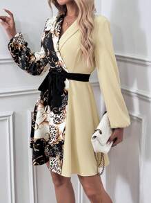 SHEIN Clasi Women's Spring/Summer Elegant Fashion Leopard Print Lantern Sleeve Short Dress