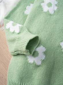 SHEIN 年轻女孩花卉印花圆领长袖宽松时尚毛衣 - 綠色 - 查看 3