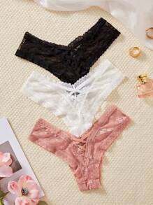 3pcs/Pack Solid Color Lace Trim Panties Lingerie - Multicolor - View 2