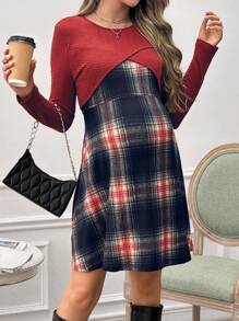 SHEIN 2 件套孕妇哺乳格子吊带背心连衣裙和长袖上衣，孕妇装 - 橘色 - 查看 4