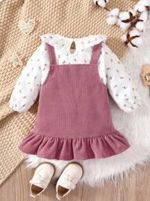 SHEIN Vintaside Kids Baby Girl Ruffle Collar Floral Print Blouse And Button Pocket Bib Pants 2pcs Set
