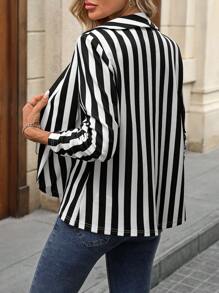 SHEIN LUNE Black & White Striped Puff Sleeve Women's Blazer Jacket, Suitable For Commuting & Casual Wear