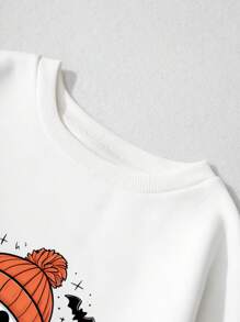 INAWLY Plus Size Women Halloween Pumpkin Print Dropped Shoulder Long Sleeve Loose Casual Sweatshirt, Fall/Winter Autumn - White - View 3